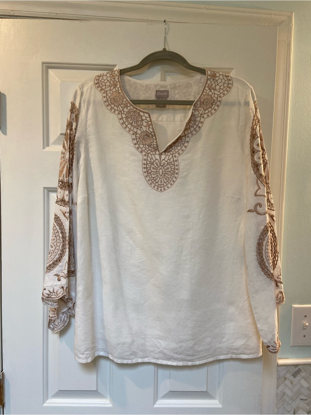 Chico's Ivory Tunic with Tan Embroidered Accents